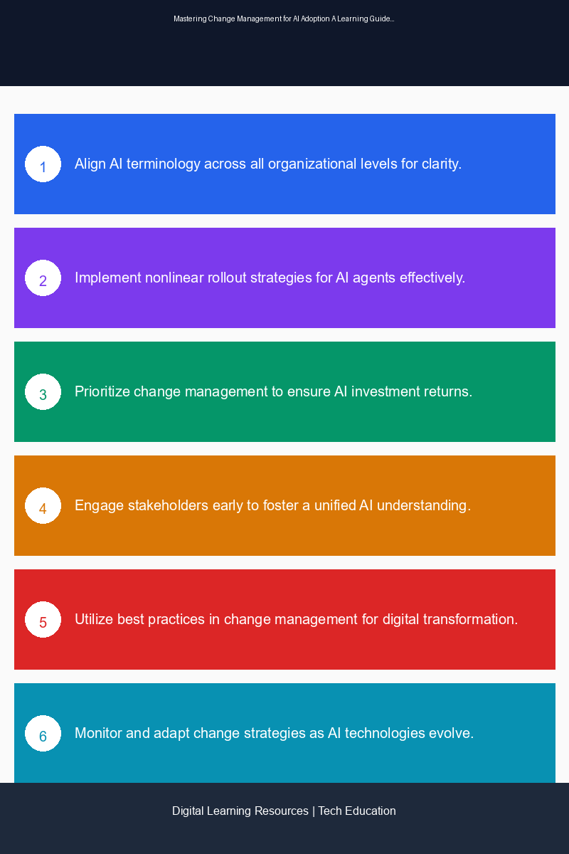 Educational infographic illustrating best practices for AI adoption and change management in organizations