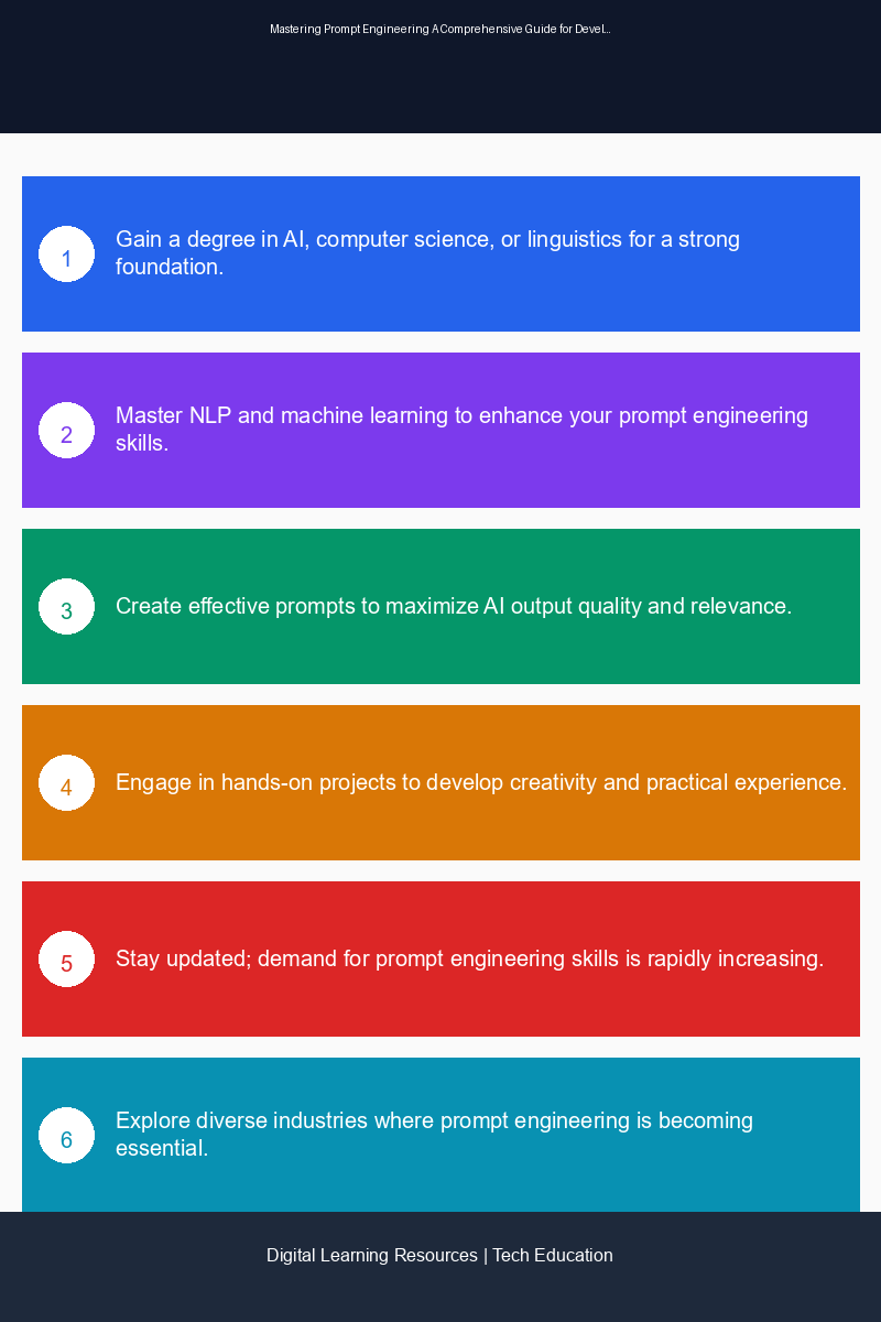Infographic illustrating the steps to mastering prompt engineering and its applications in AI technology