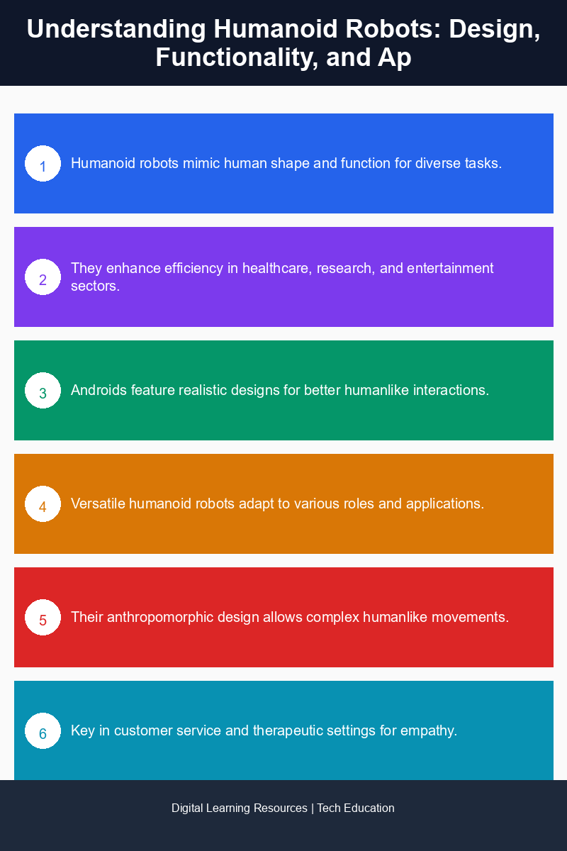 Infographic illustrating the design and applications of humanoid robots in different sectors