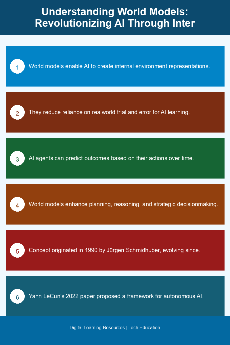 Infographic explaining the evolution and significance of world models in AI, highlighting key concepts and figures like Jürgen Schmidhuber and Yann LeCun.