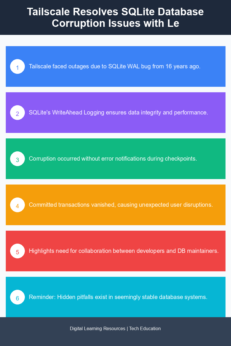 Infographic illustrating the impact of SQLite WAL bug on Tailscale's control plane and database management practices.